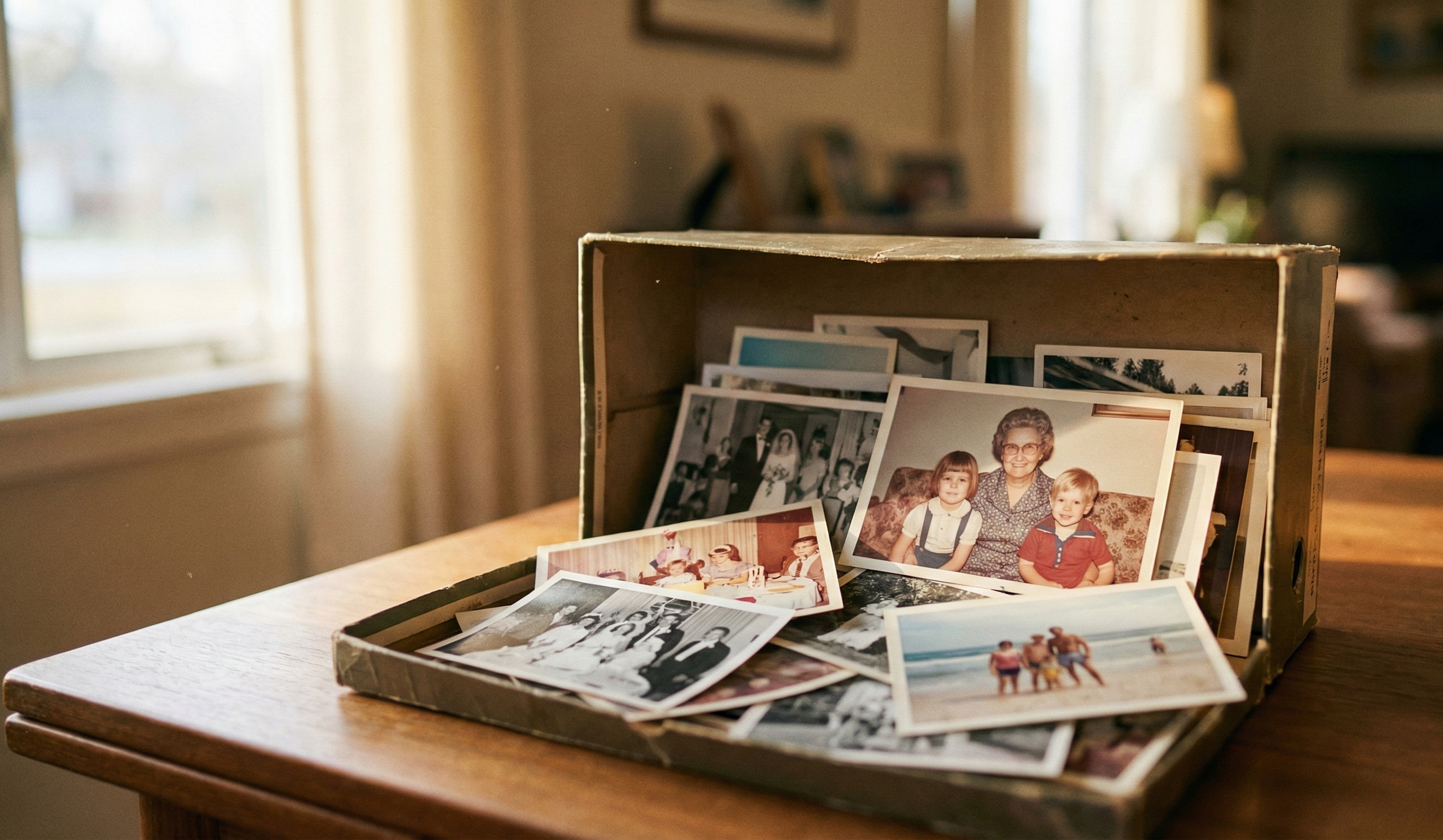 Overflowing shoebox of inherited family photographs